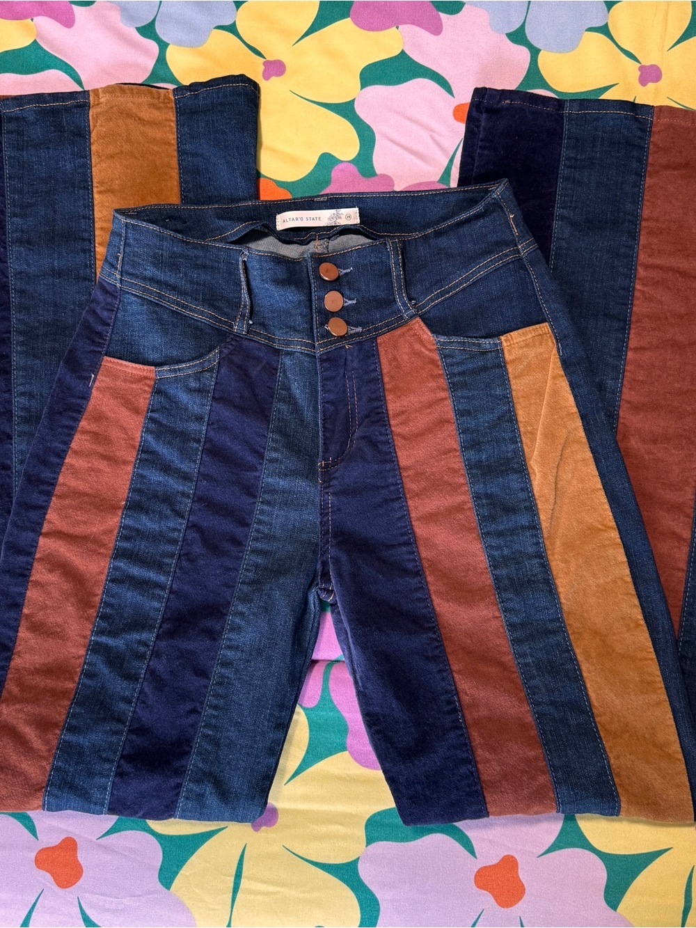 Altar'd State Women's Flared Jeans with Navy, Brown and Tan Panels - Picture 2 of 9